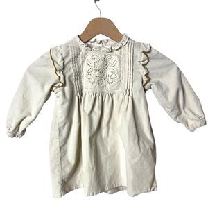 Zara Lace Embroidery Corduroy Dress Long Sleeve Ruffle Trim Ivory 18-24 Months